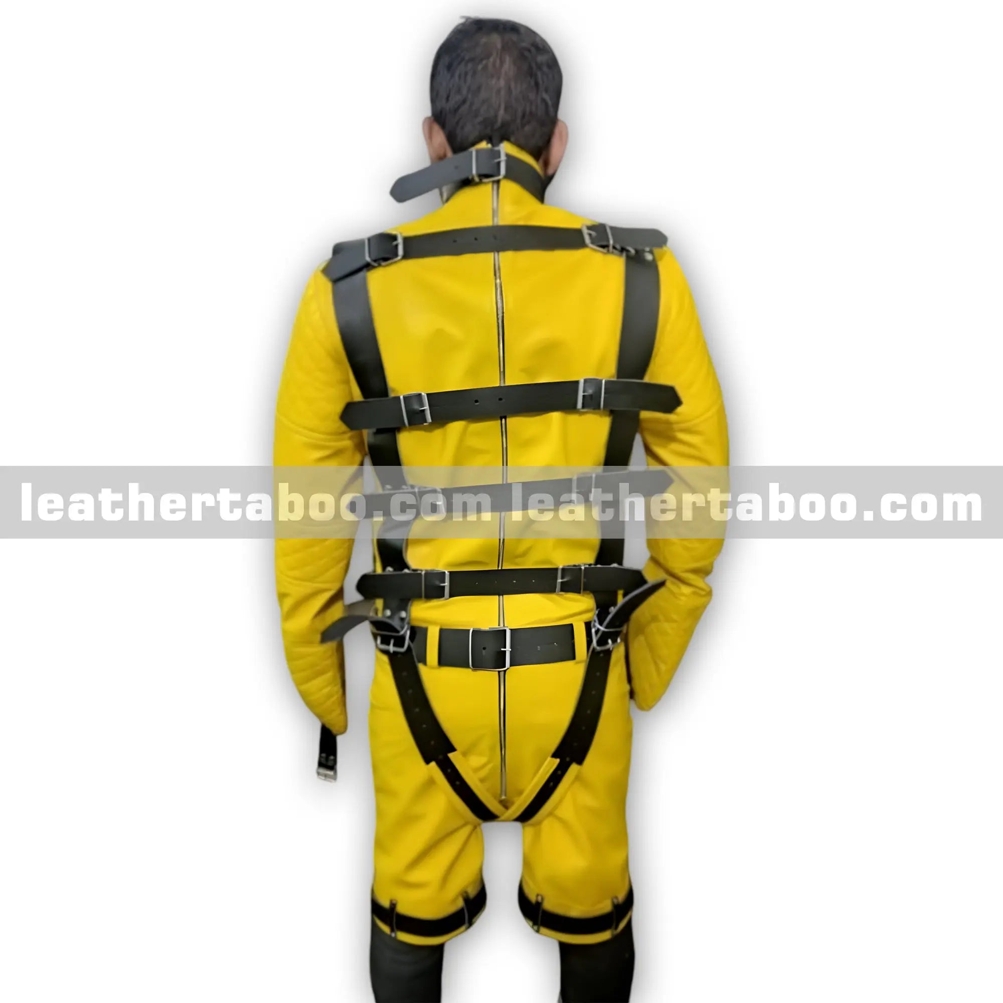 Heavy Duty Yellow Bondage Restraint Suit with Black Leather Straps โ Full Body BDSM Gear - Leather taboo
