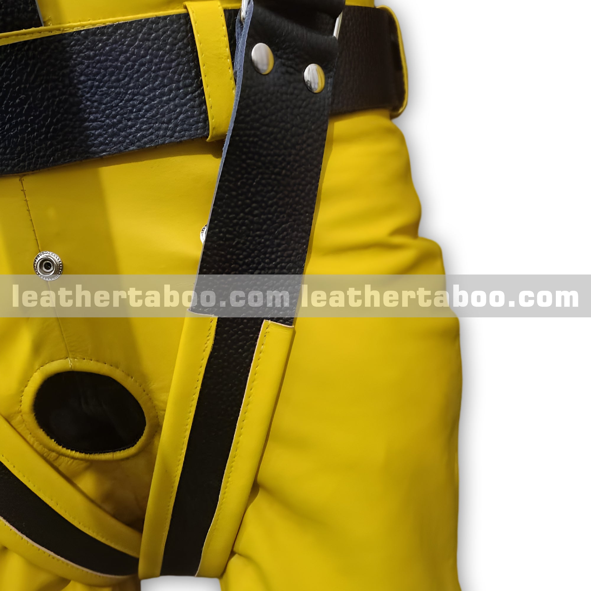 Heavy Duty Yellow Bondage Restraint Suit with Black Leather Straps – Full Body BDSM Gear