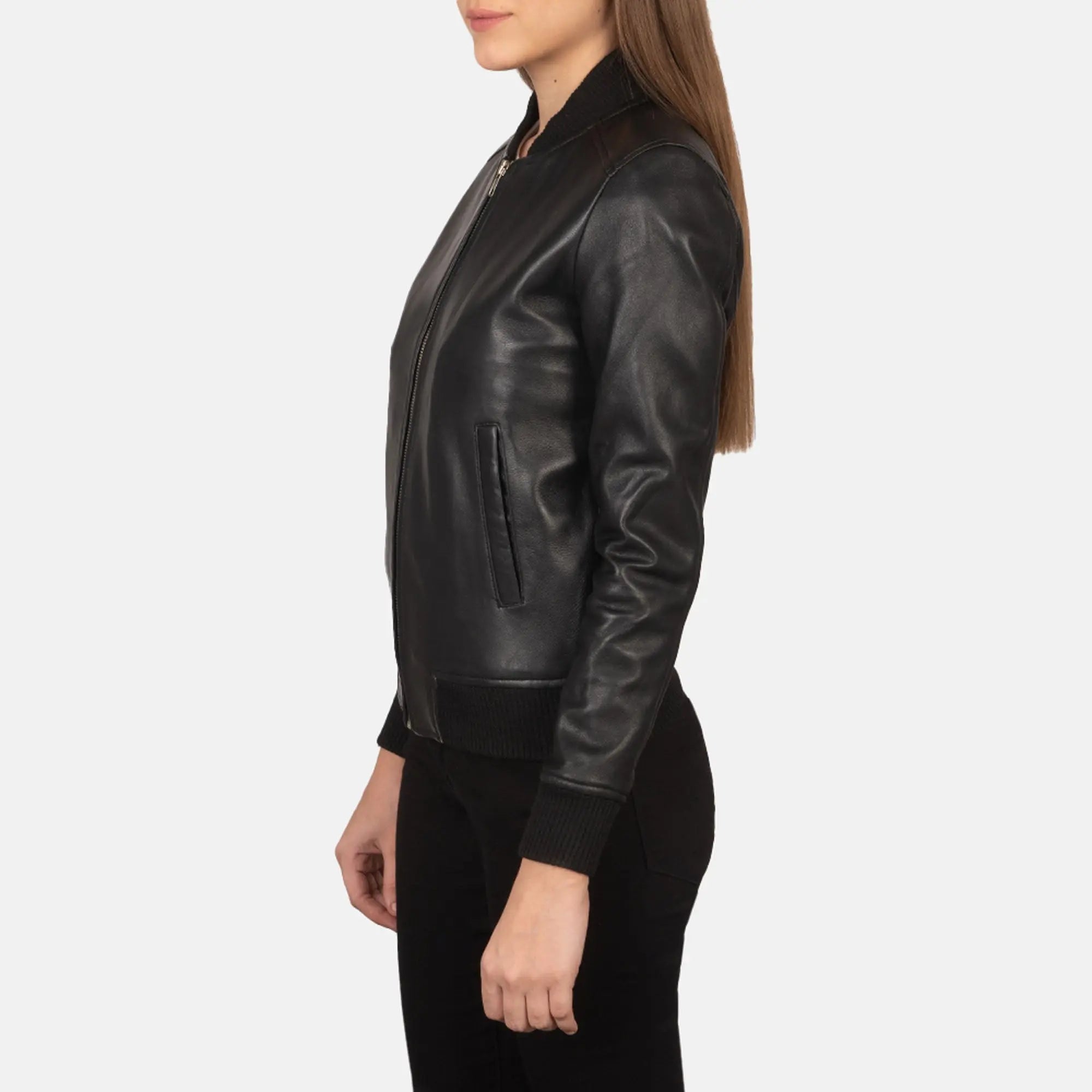 Stylish black leather bomber jacket close-up detail