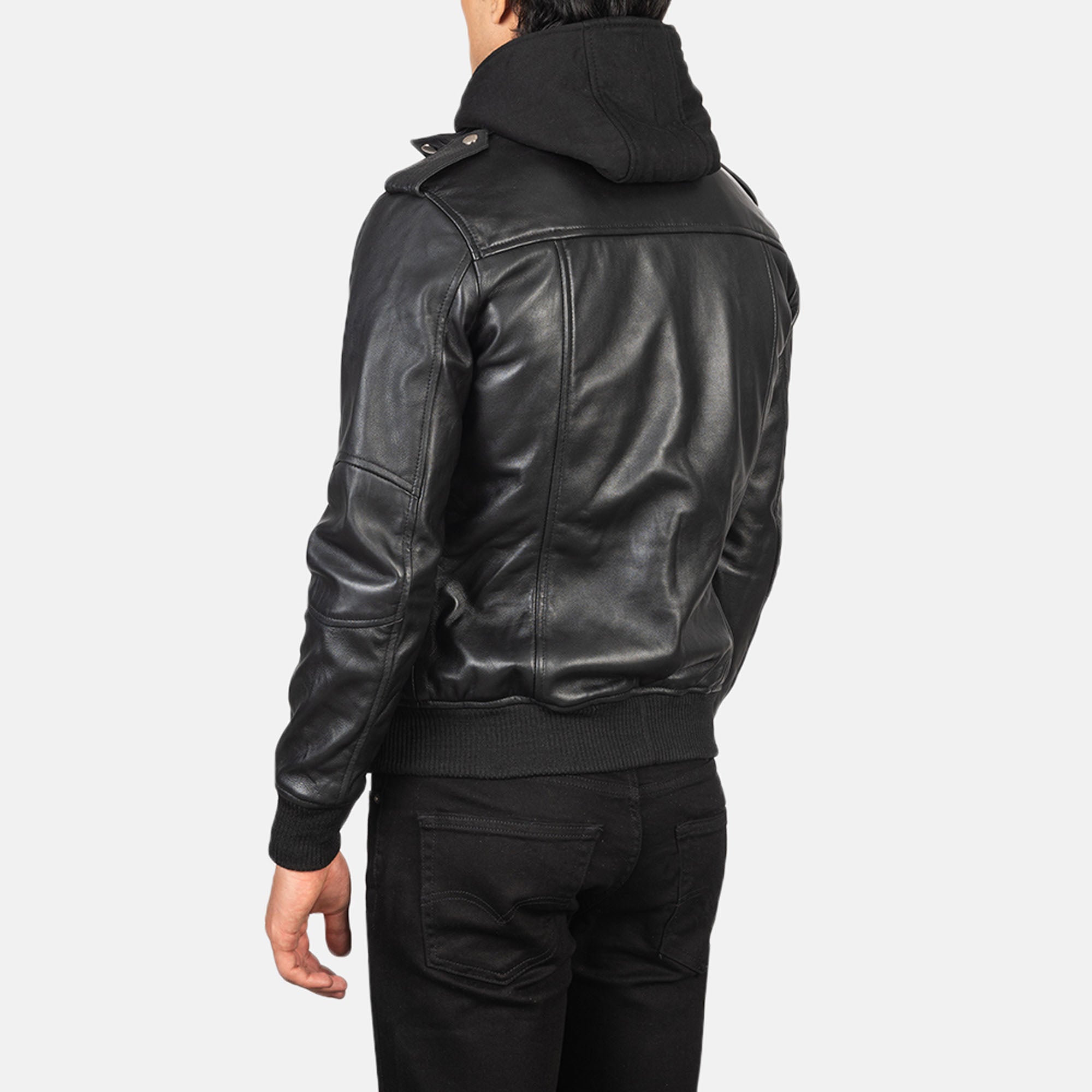 Stylish black leather bomber jacket with hood