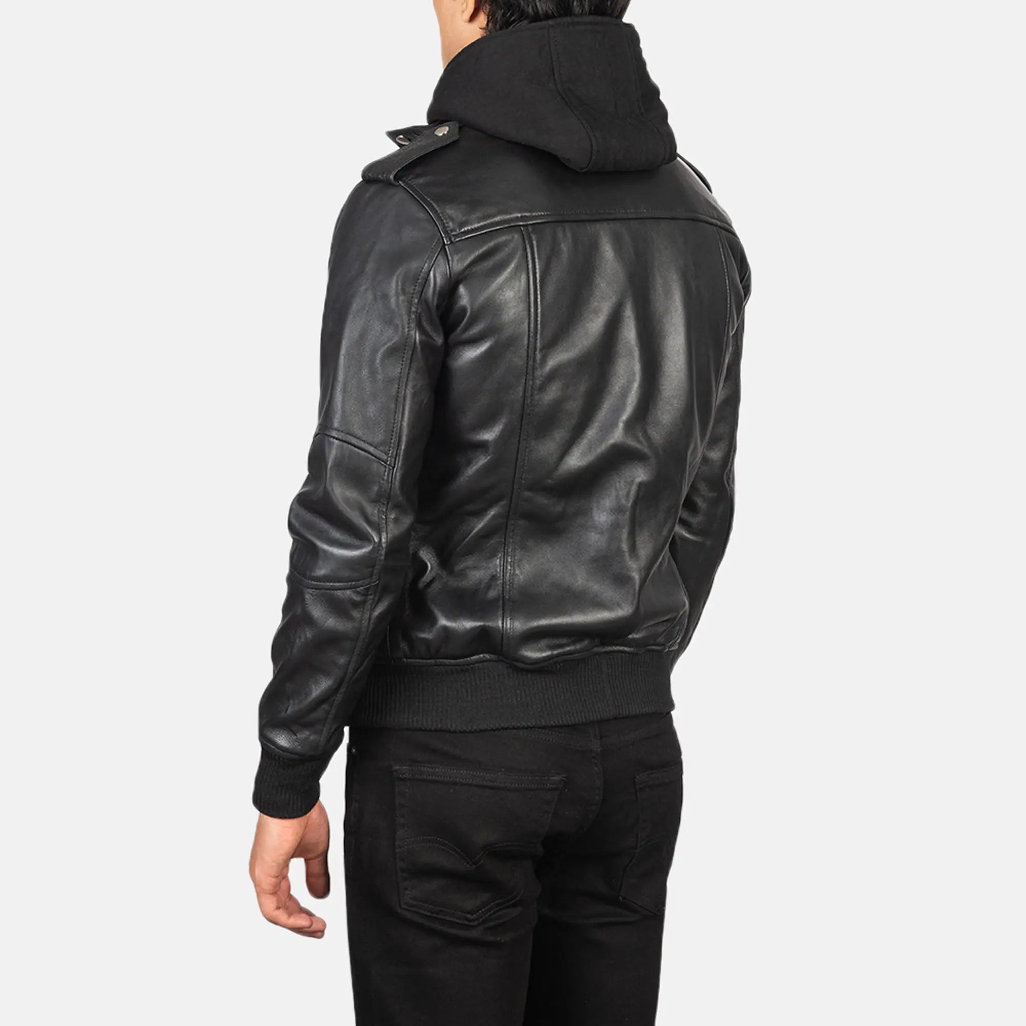 Stylish black leather bomber jacket with hood