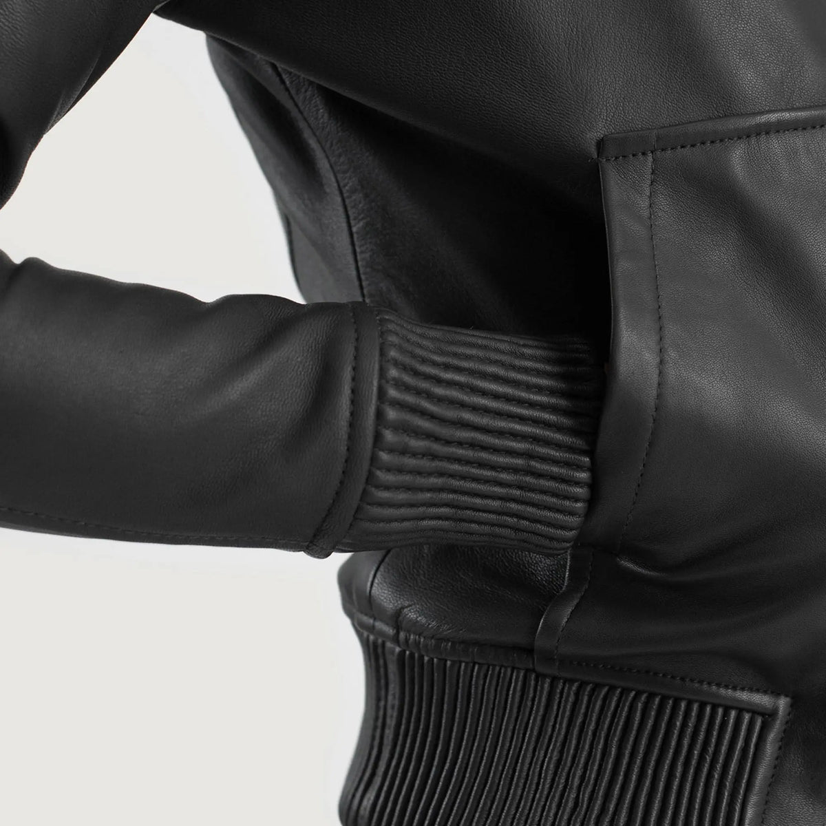 Stylish black leather jacket with attached hood