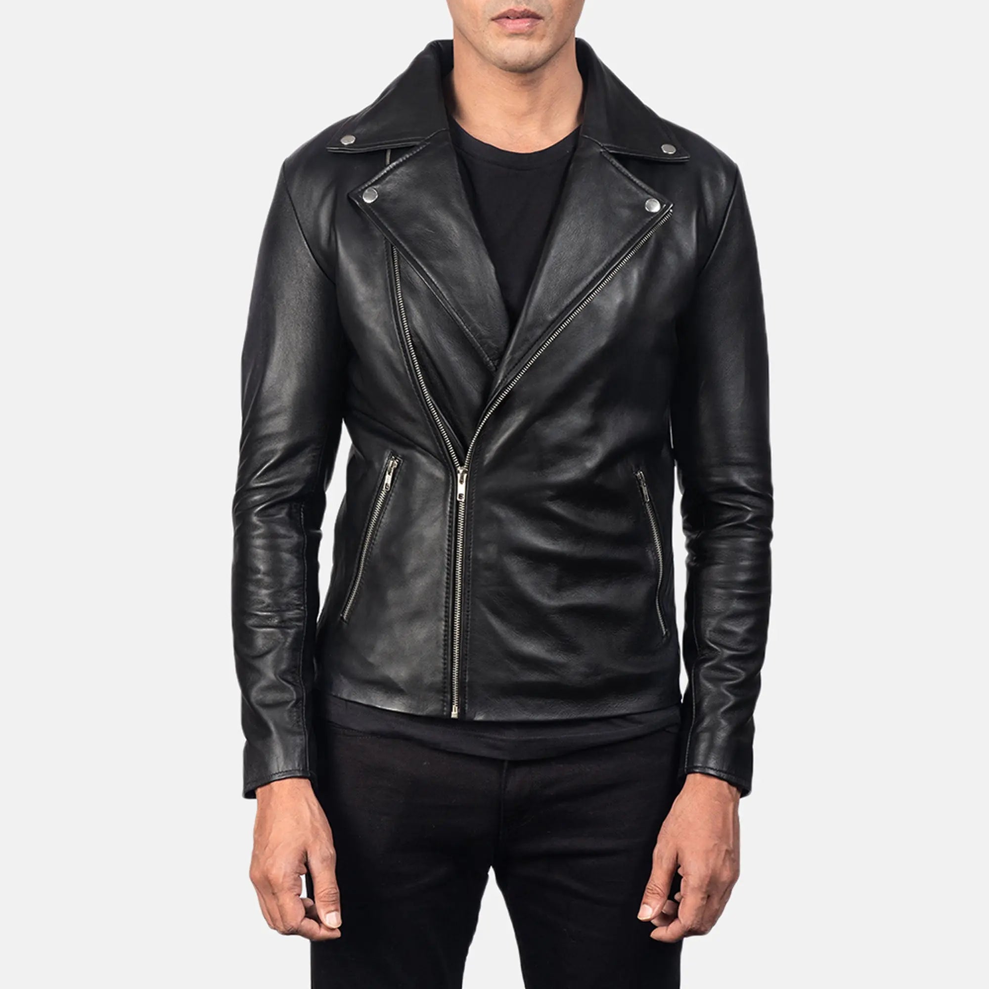 Stylish black leather motorcycle jacket close-up