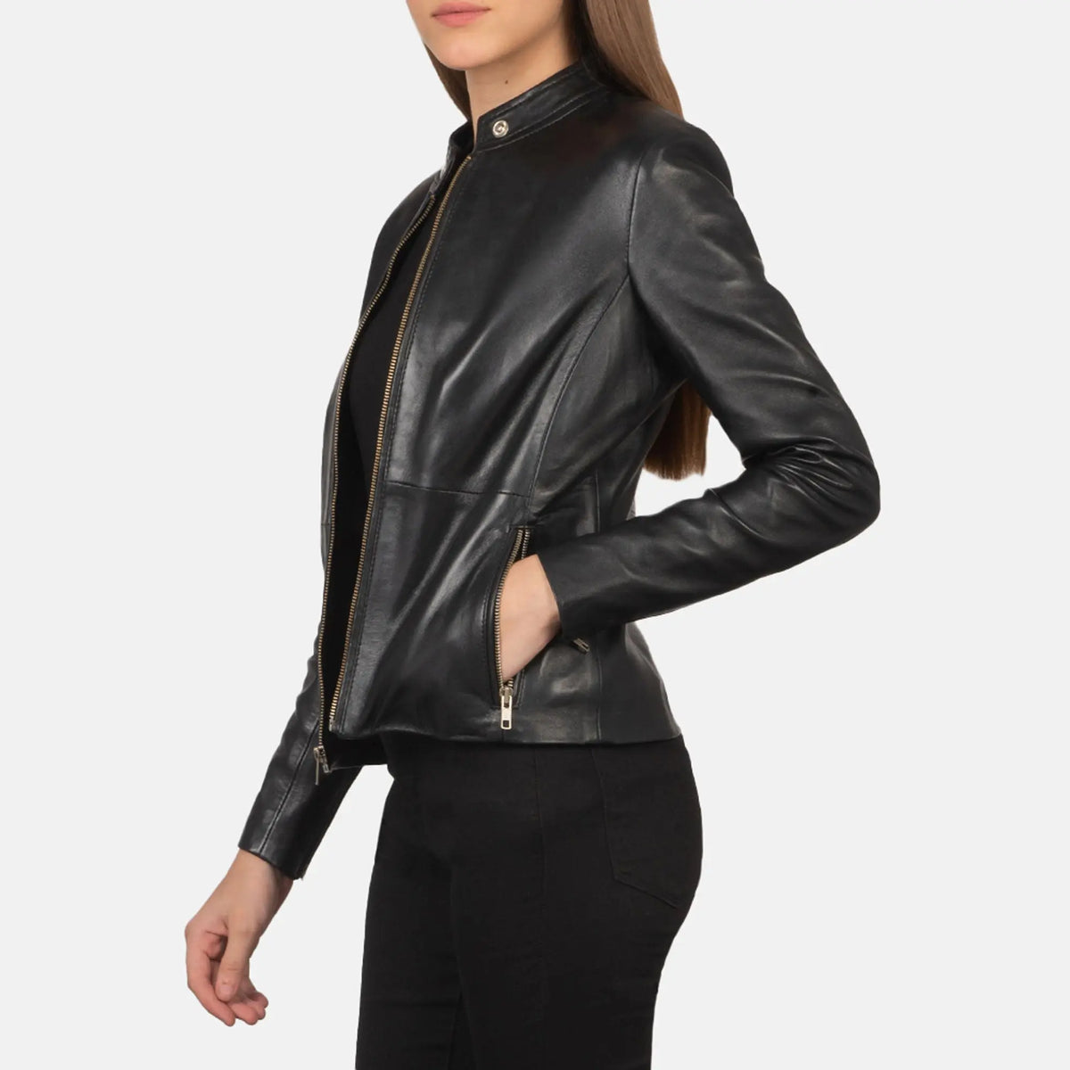 Stylish black leather motorcycle jacket close-up