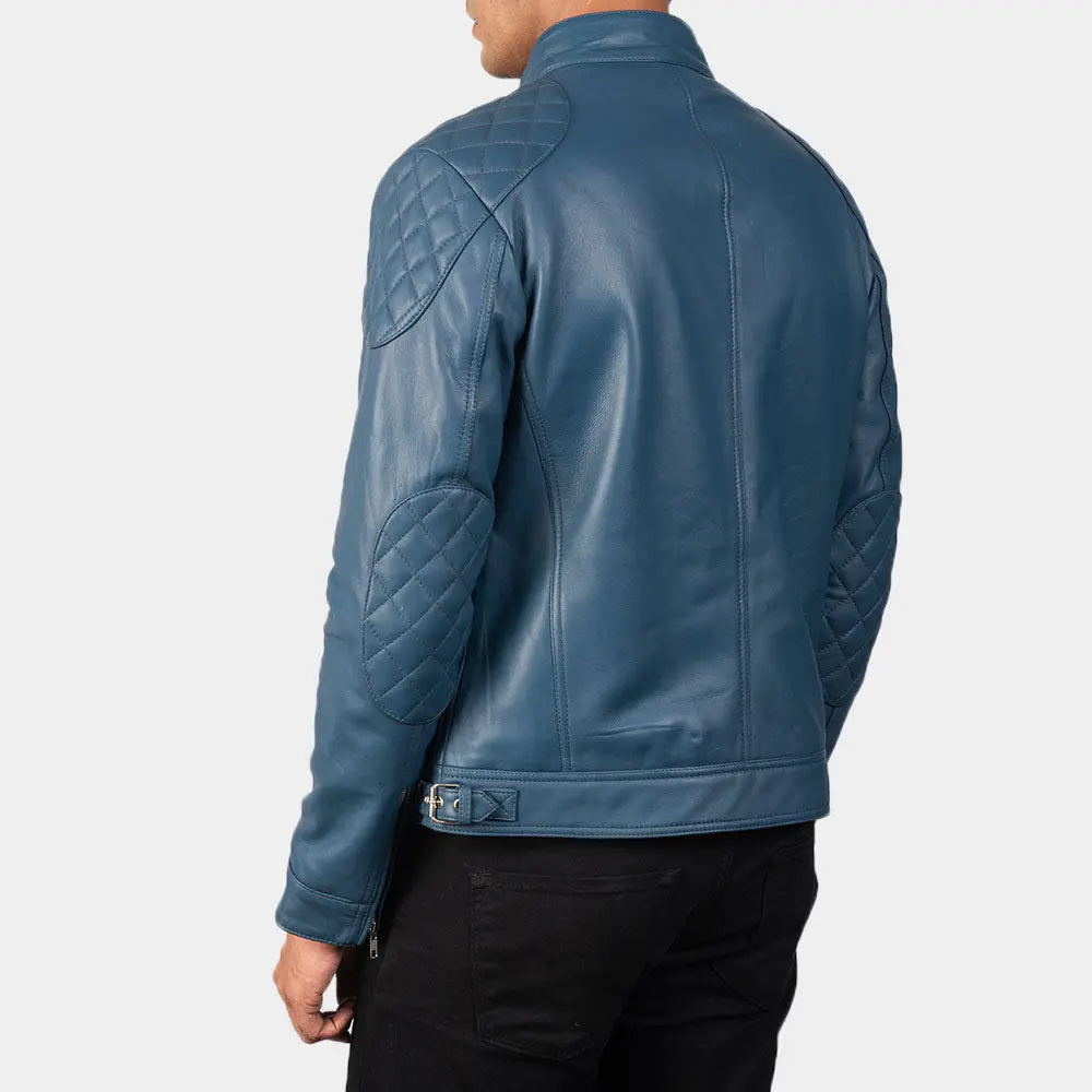Stylish blue biker jacket outdoor streetwear outfit look