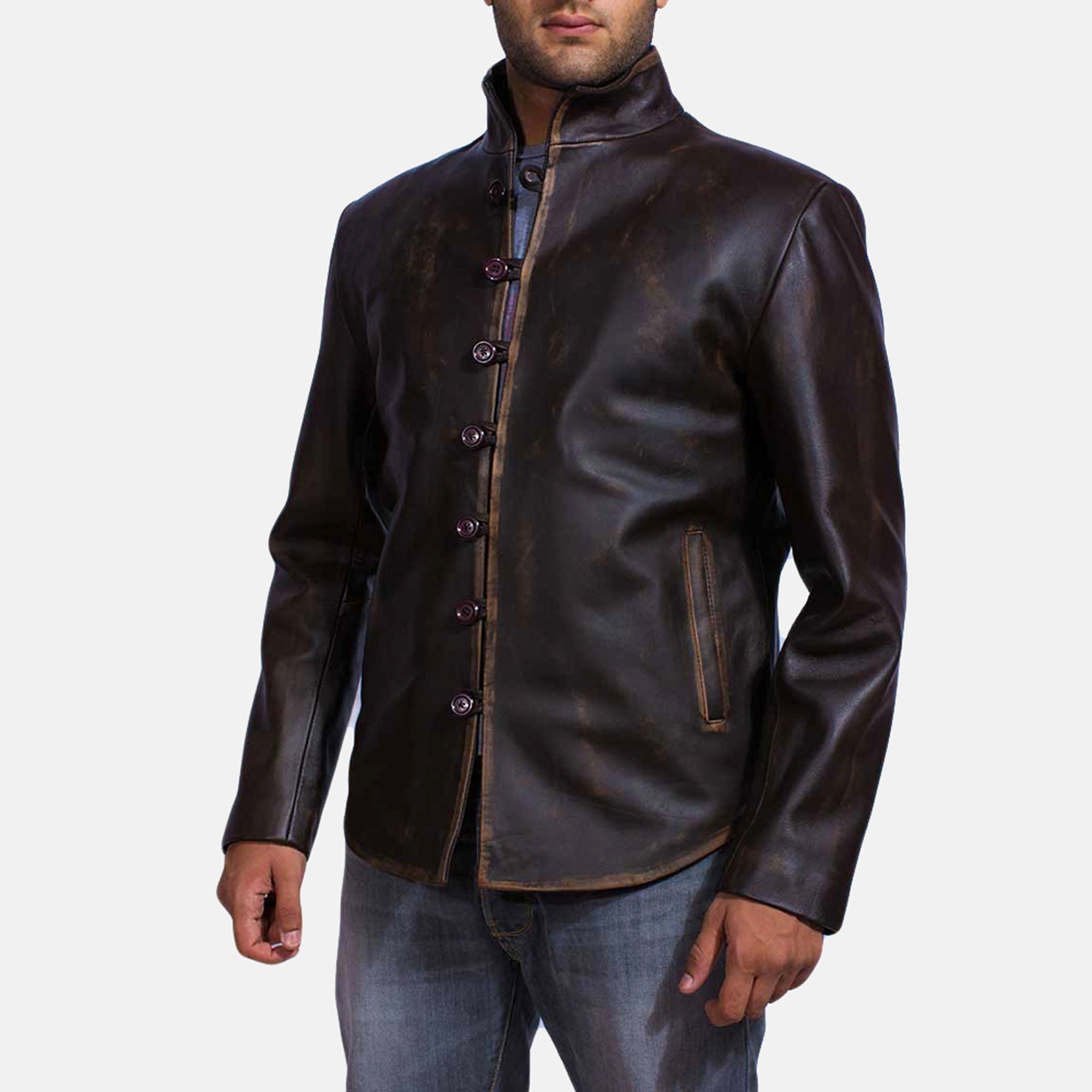 Stylish brown leather jacket modern fit look
