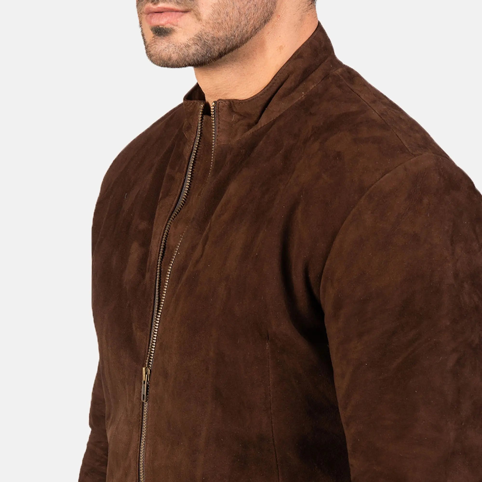 Stylish charcoal mocha suede leather jacket close-up