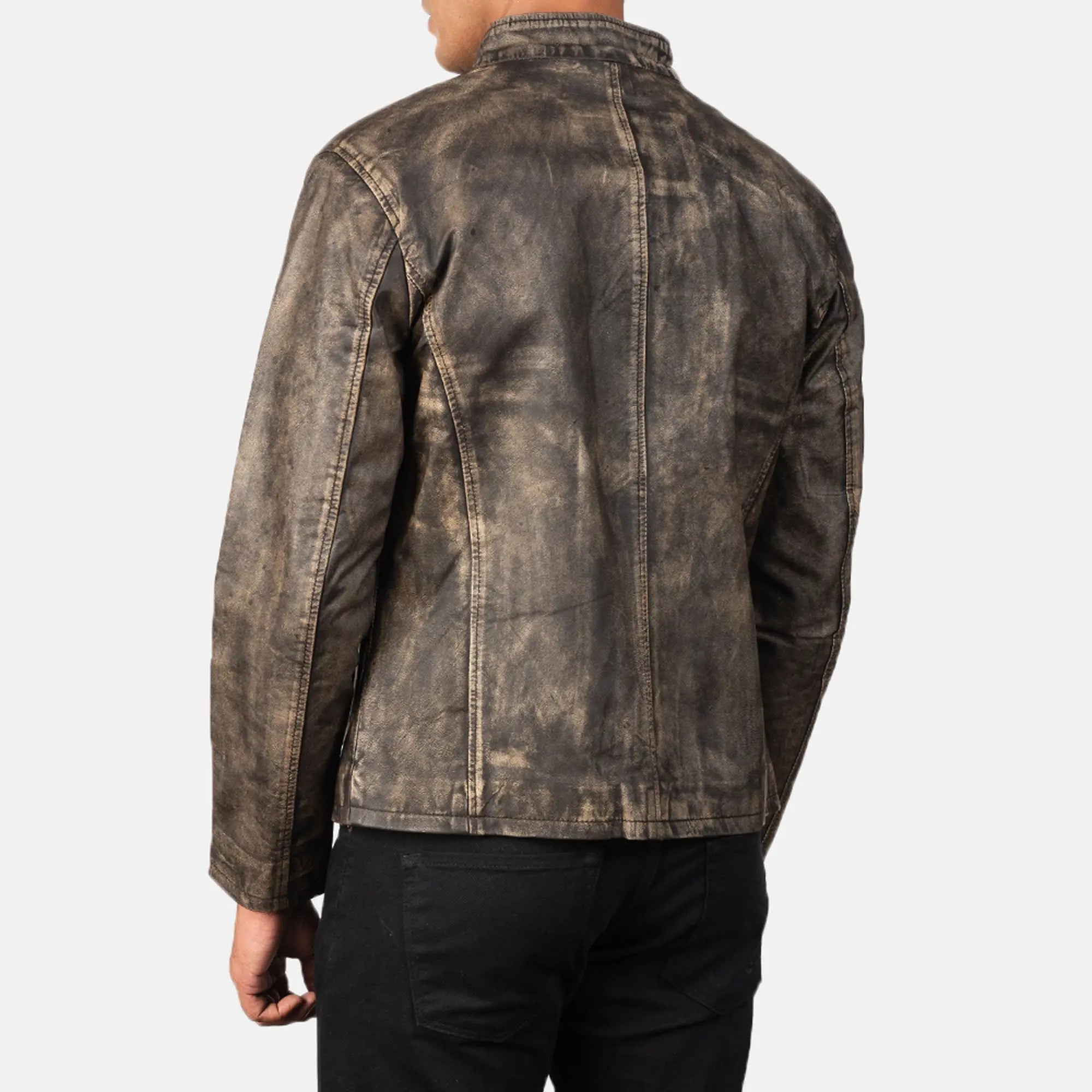 Stylish distressed biker jacket outdoor riding fashion look