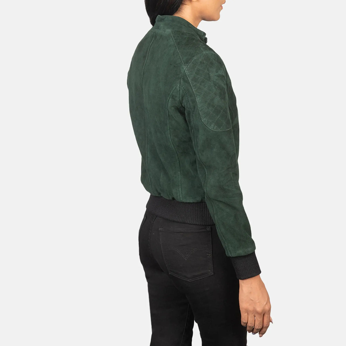 Stylish green suede leather bomber jacket close-up