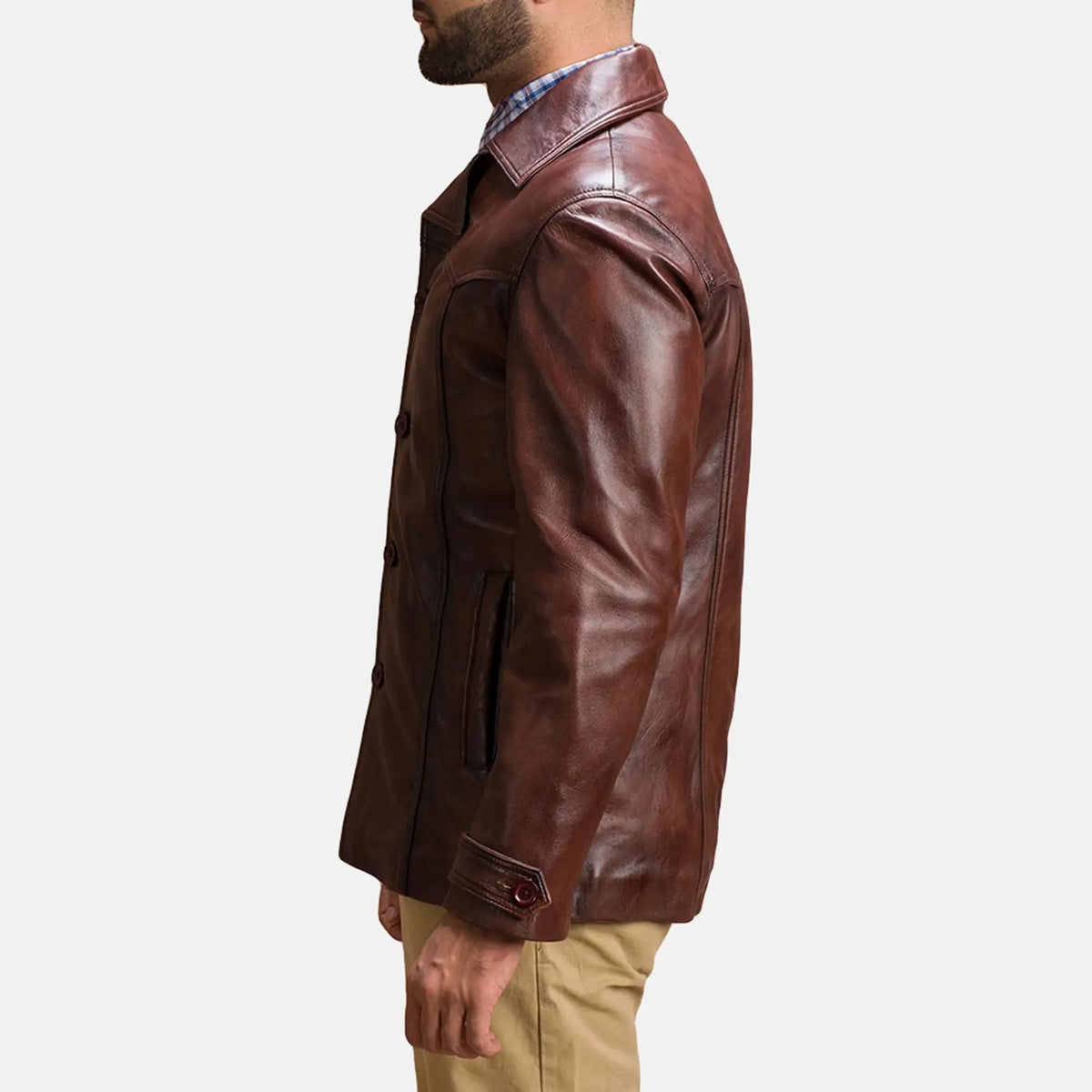 Stylish vintage brown leather jacket close-up