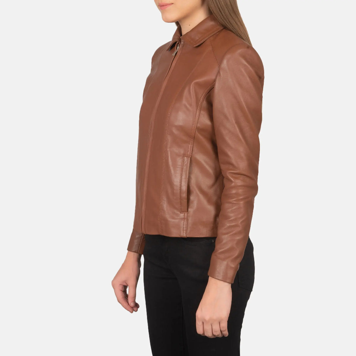 Stylish women's brown leather jacket close-up