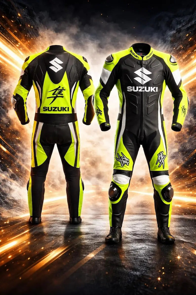 Suzuki motorcycle racing suit featuring CE armor padding and neon yellow aerodynamic racing styling