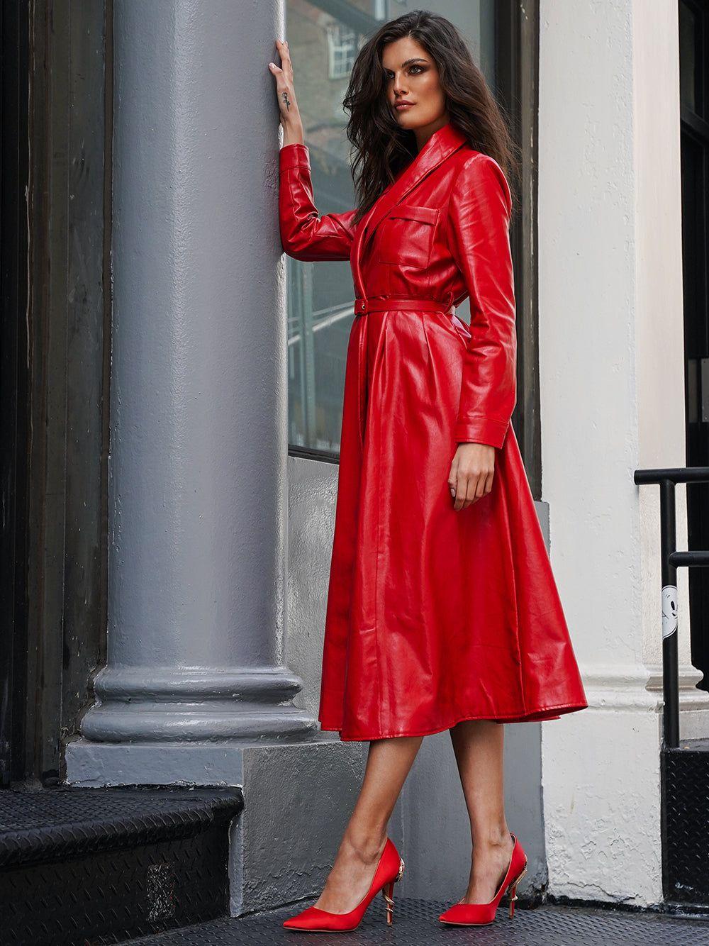 Women’s Red Leather Long Trench Coat (Double-Breasted Casual Overcoat)