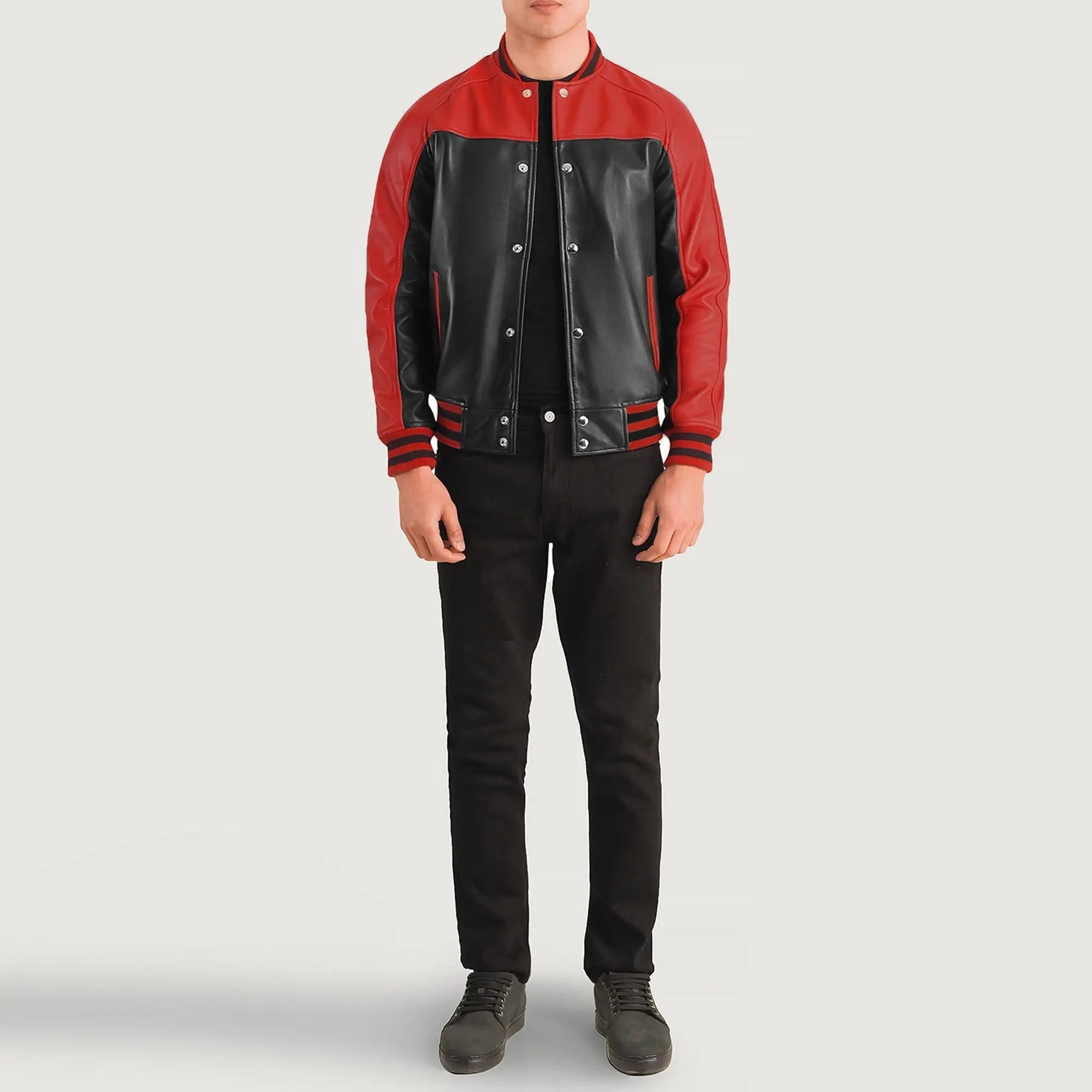 Terrance black and red leather varsity jacket front view