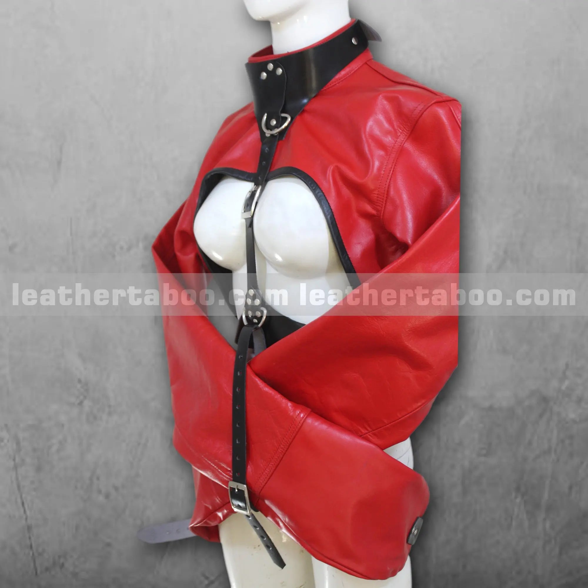 Unisex Premium Cowhide Leather Red Restraint Jacket with Black Strap Details, Crossed Sleeve Design & Adjustable Buckled Back Harness Accent - Leather taboo