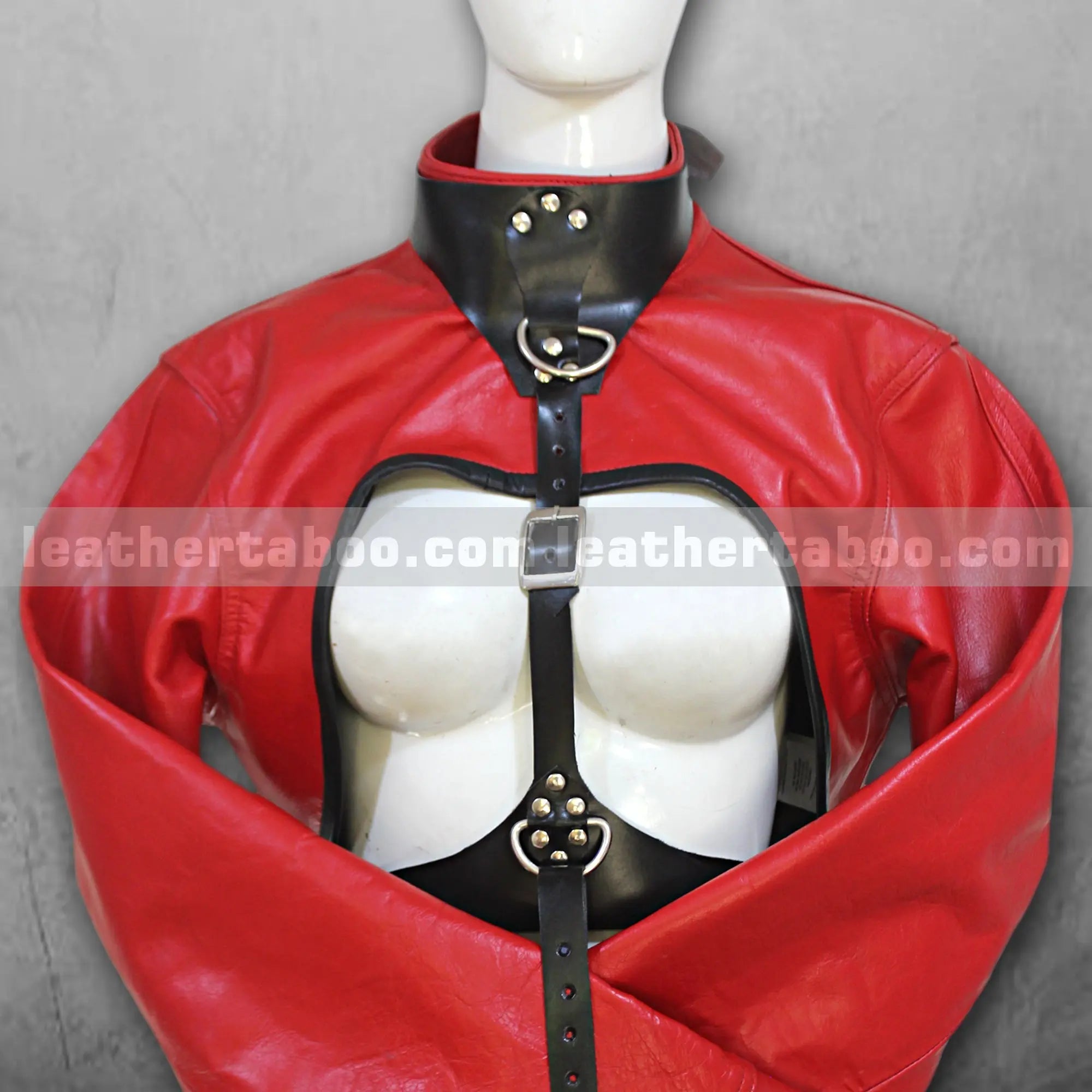 Unisex Premium Cowhide Leather Red Restraint Jacket with Black Strap Details, Crossed Sleeve Design & Adjustable Buckled Back Harness Accent - Leather taboo