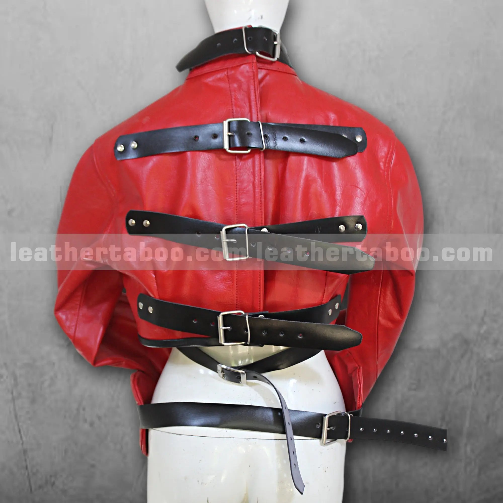 Unisex Premium Cowhide Leather Red Restraint Jacket with Black Strap Details, Crossed Sleeve Design & Adjustable Buckled Back Harness Accent - Leather taboo
