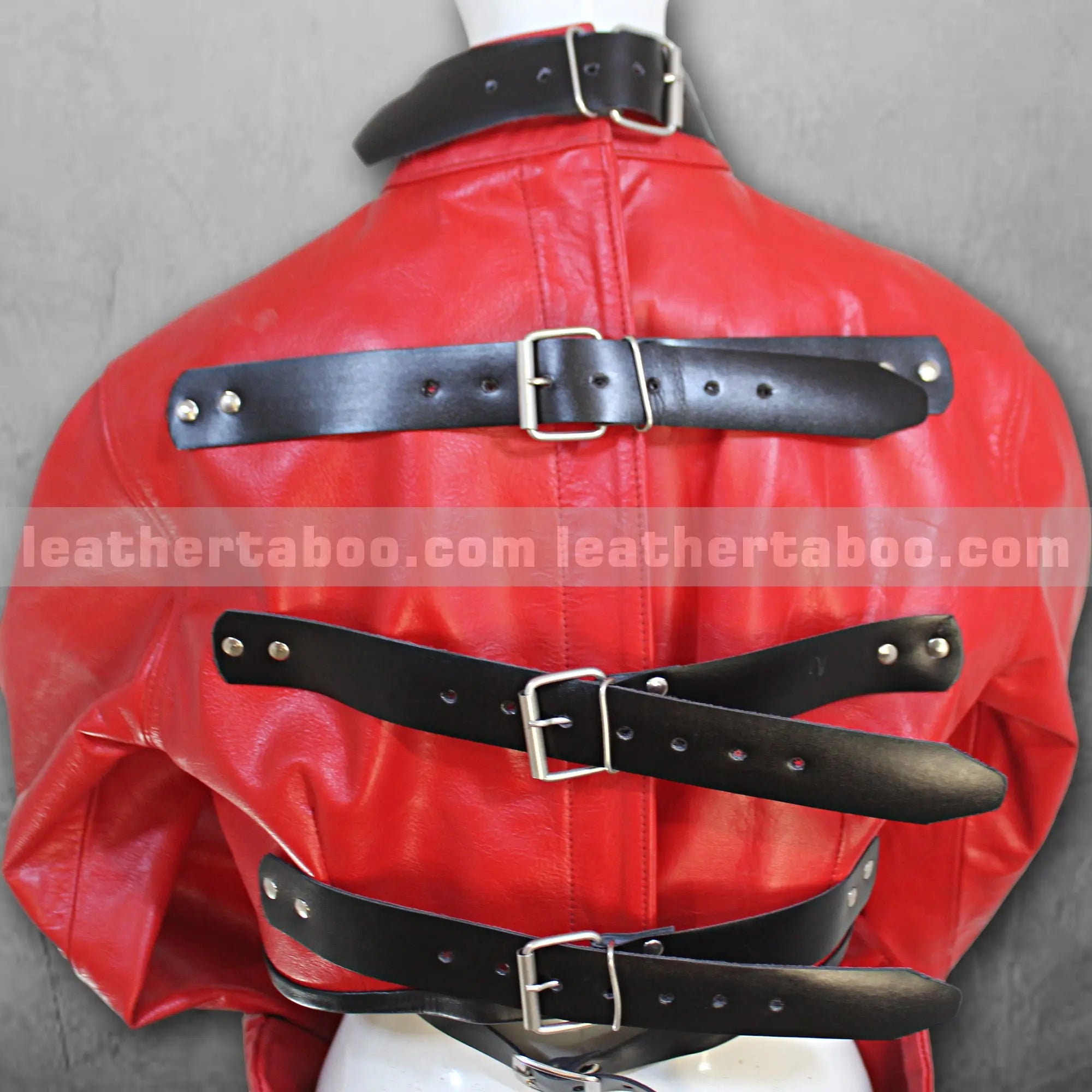 Unisex Premium Cowhide Leather Red Restraint Jacket with Black Strap Details, Crossed Sleeve Design & Adjustable Buckled Back Harness Accent - Leather taboo
