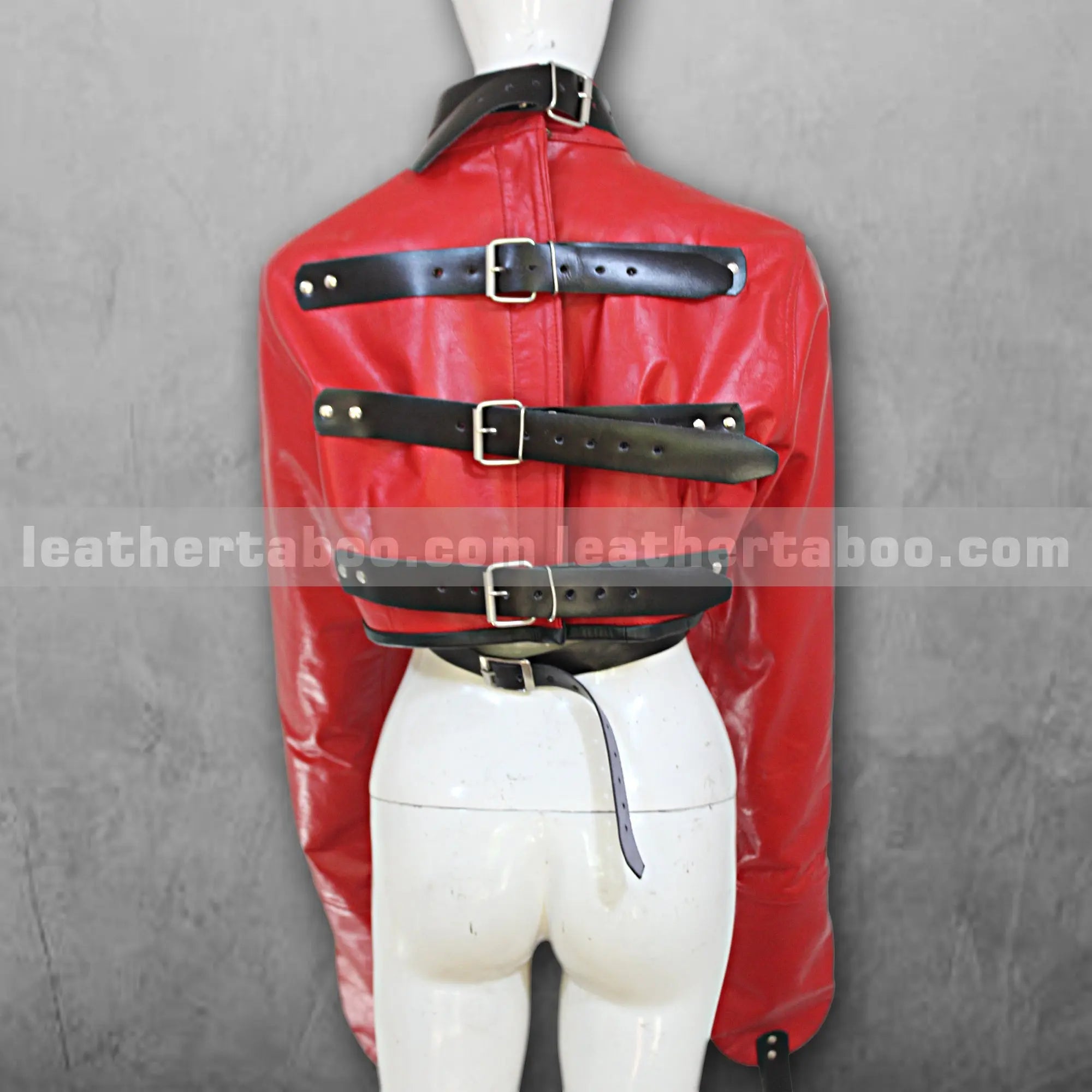 Unisex Premium Cowhide Leather Red Restraint Jacket with Black Strap Details, Crossed Sleeve Design & Adjustable Buckled Back Harness Accent - Leather taboo