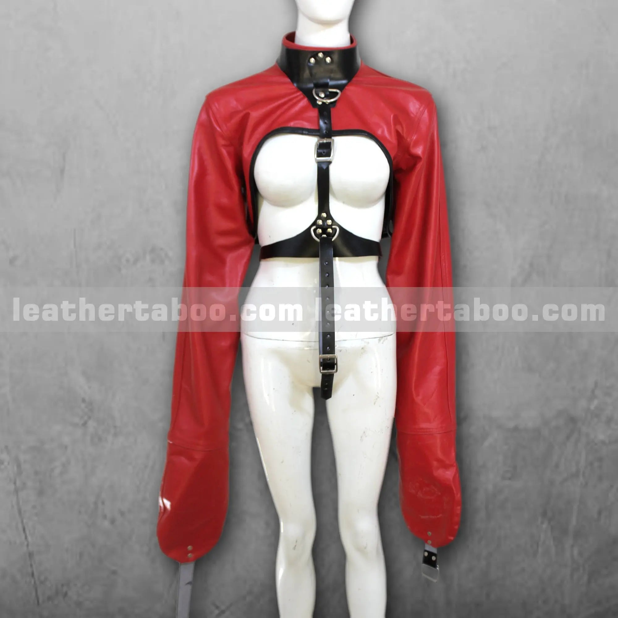 Unisex Premium Cowhide Leather Red Restraint Jacket with Black Strap Details, Crossed Sleeve Design & Adjustable Buckled Back Harness Accent - Leather taboo
