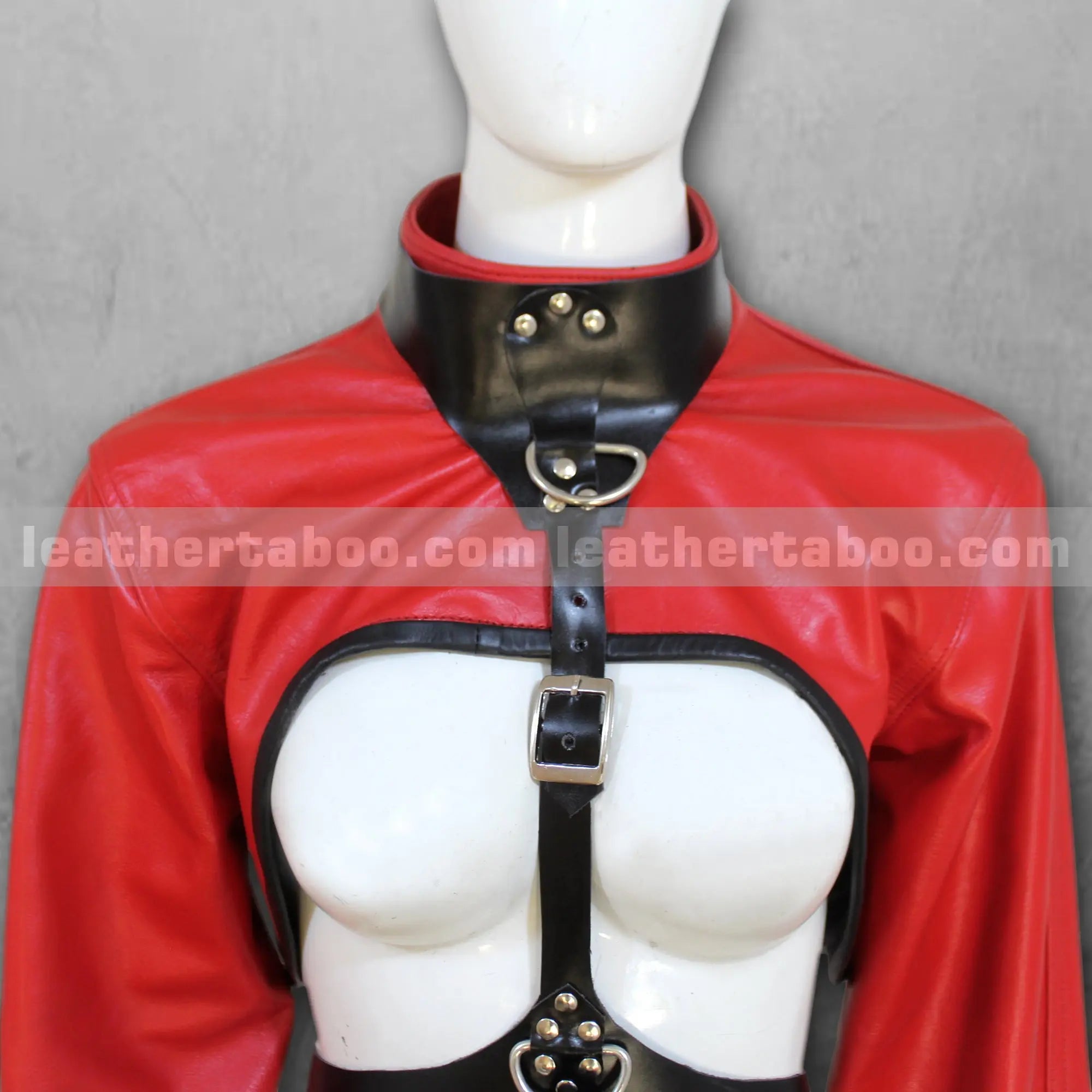 Unisex Premium Cowhide Leather Red Restraint Jacket with Black Strap Details, Crossed Sleeve Design & Adjustable Buckled Back Harness Accent - Leather taboo