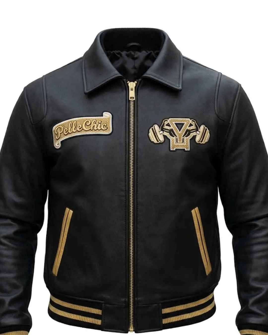 Pelle Chic “Iron Dynasty” Premium Leather Gym Bomber Jacket