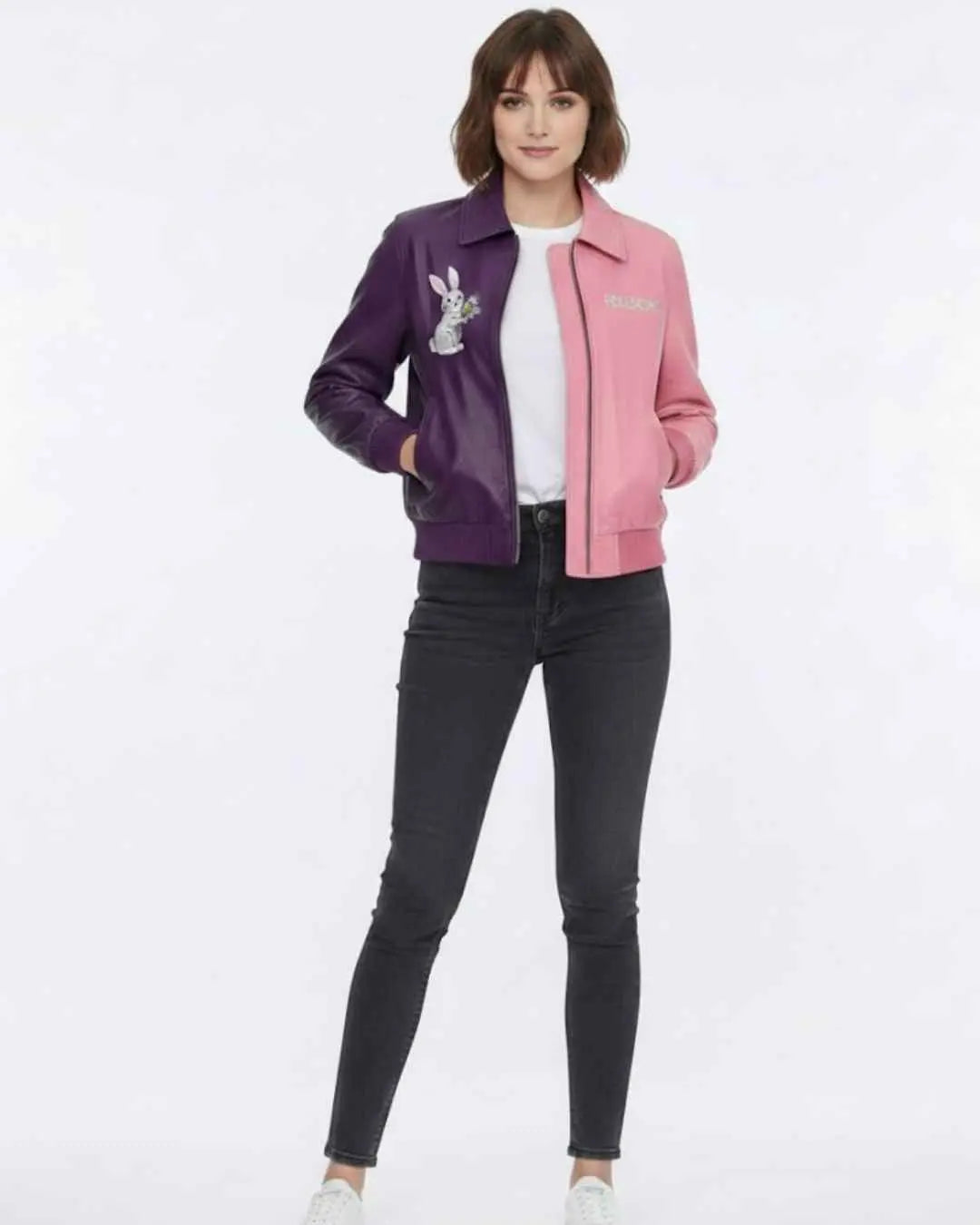Two-Tone Leather Jacket with Floral Rabbit Embroidery