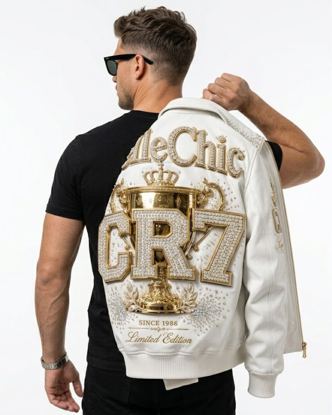 PelleChic CR7 Limited Edition White Leather Gold & Crystal Embroidered “Legend” Edition leathertaboo.com