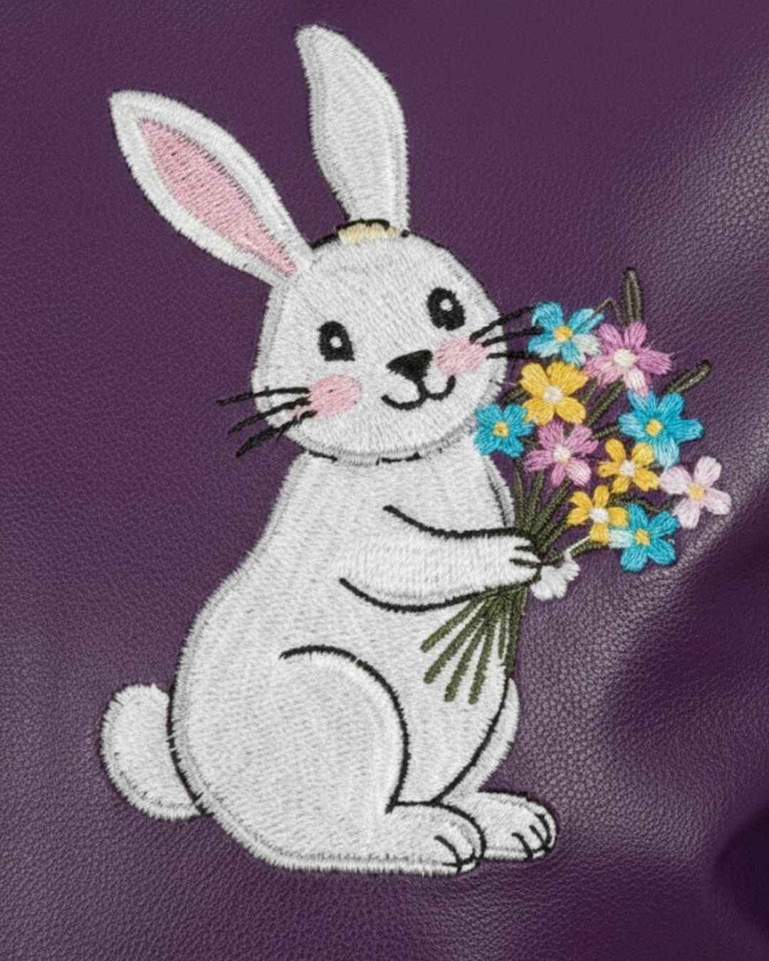 Two-Tone Leather Jacket with Floral Rabbit Embroidery