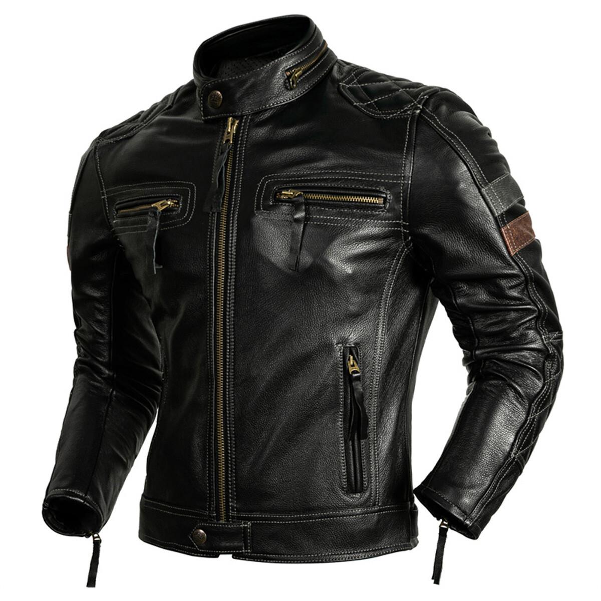 Man's Real Handmade Plain Cowhide Vintage Cafe Racer Black Leather Biker Jacket