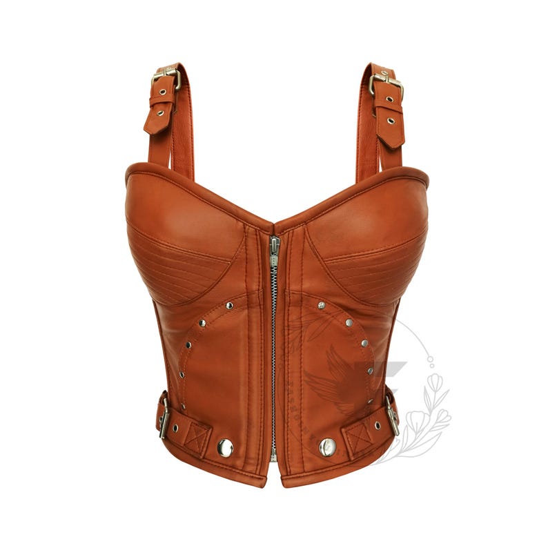 Vintage brown leather corset top with steel boning and adjustable straps, gothic and steampunk inspired design – plus size available