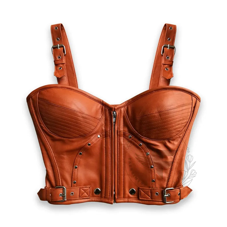 Vintage brown leather corset top with steel boning and adjustable straps, gothic and steampunk inspired design – plus size available