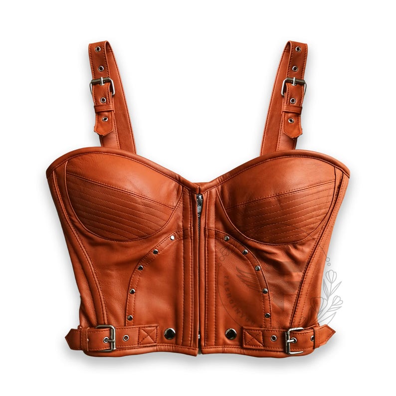 Vintage brown leather corset top with steel boning and adjustable straps, gothic and steampunk inspired design – plus size available