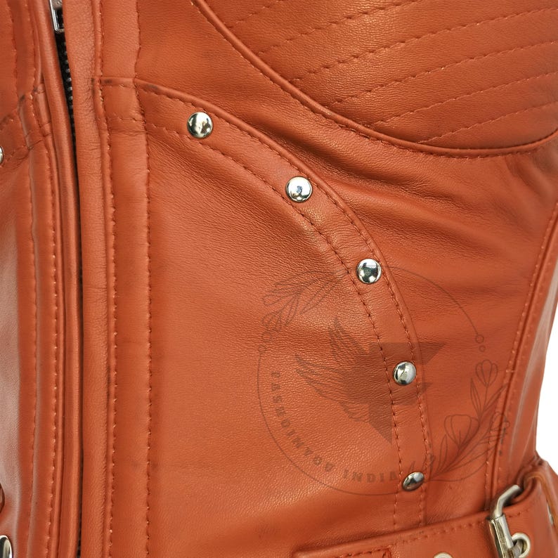 Vintage brown leather corset top with steel boning and adjustable straps, gothic and steampunk inspired design – plus size available