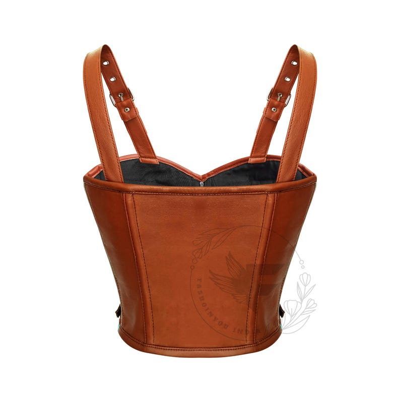 Vintage brown leather corset top with steel boning and adjustable straps, gothic and steampunk inspired design – plus size available