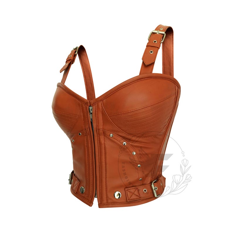 Vintage brown leather corset top with steel boning and adjustable straps, gothic and steampunk inspired design – plus size available