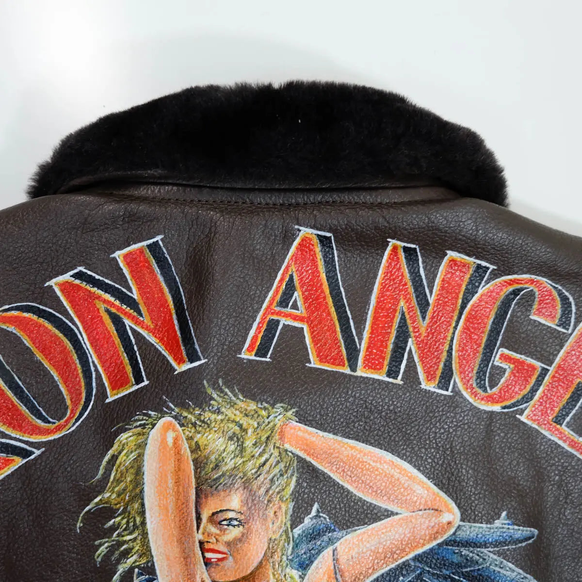 Vintage Brown Genuine Leather G-1 Flight Jacket With Custom Iron Angel Artwork, back view 3