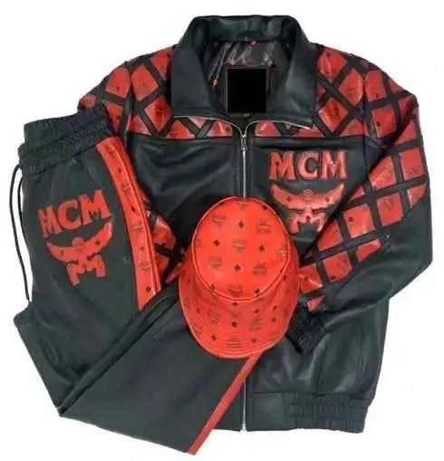 Vintage MCM Red Black Leather Tracksuit Set with Bucket Hat