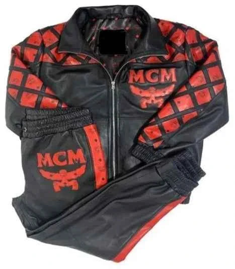 Vintage MCM Red Black Leather Tracksuit Set with Bucket Hat by leather taboo