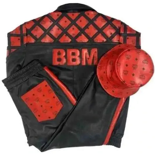 Vintage MCM Red Black Leather Tracksuit Set with matching Bucket Hat