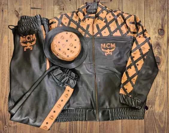 Vintage MCM Brown Black Leather Tracksuit Set with Bucket Hat