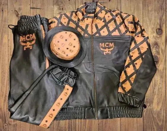 Vintage MCM Brown Black Leather Tracksuit Set with Bucket Hat
