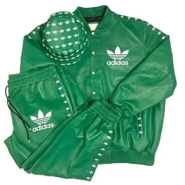 Vintage Green Leather Tracksuit Set Jacket Pants & Bucket Hat