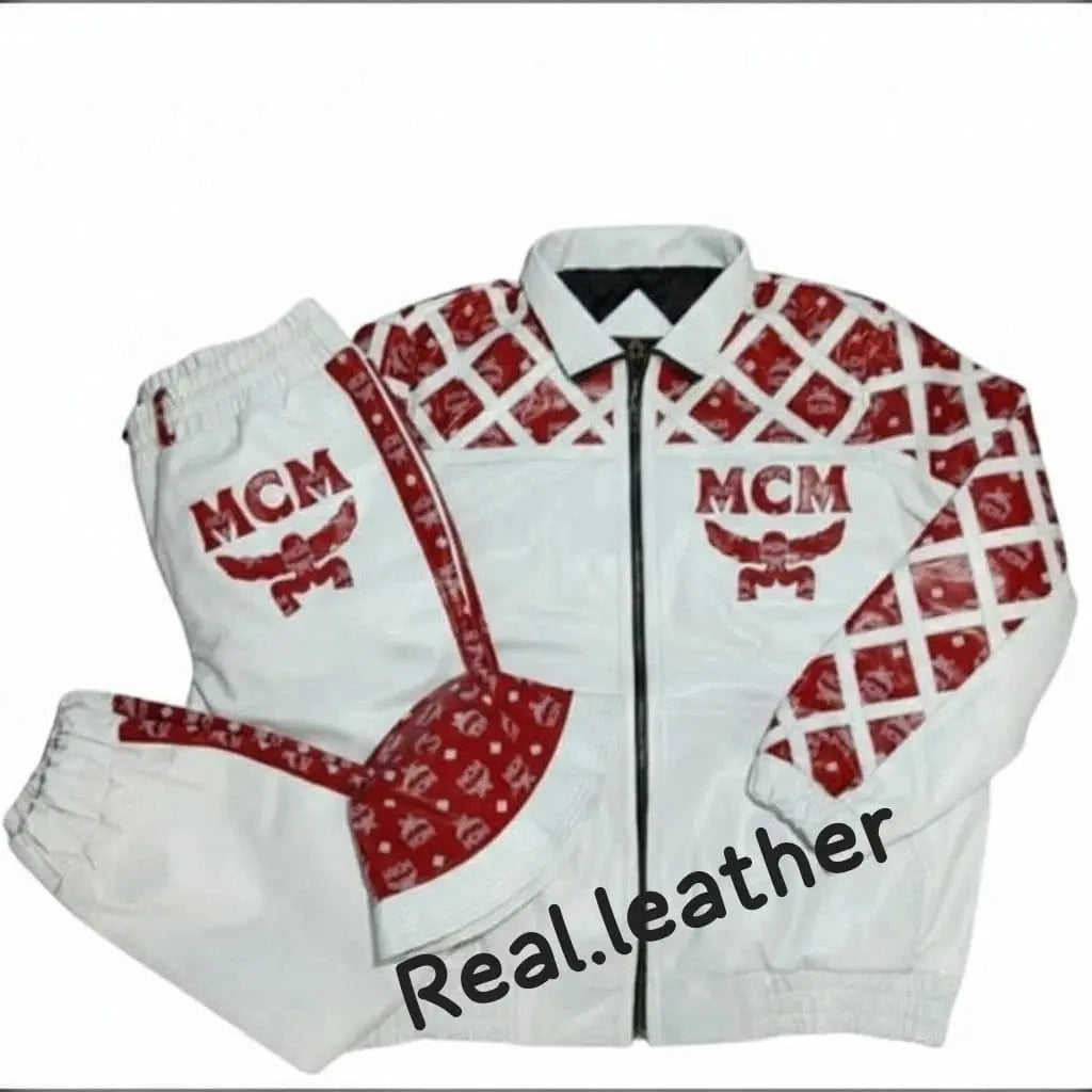 Vintage white red leather tracksuit set with matching bucket hat and monogram detailing