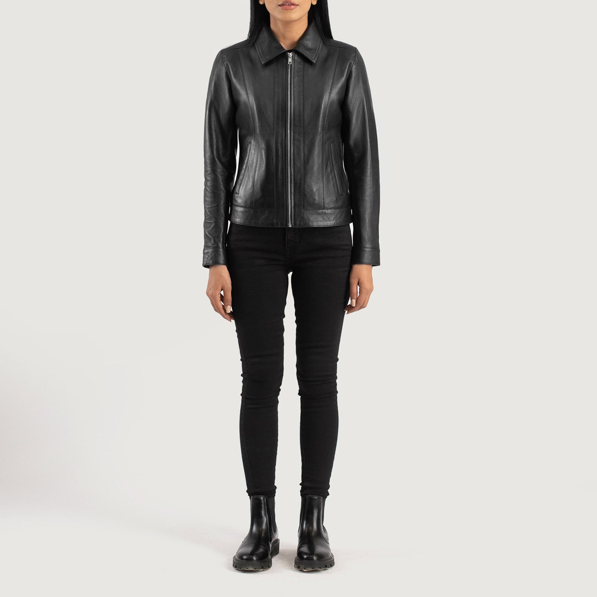 Vixen black classic collar leather jacket front view