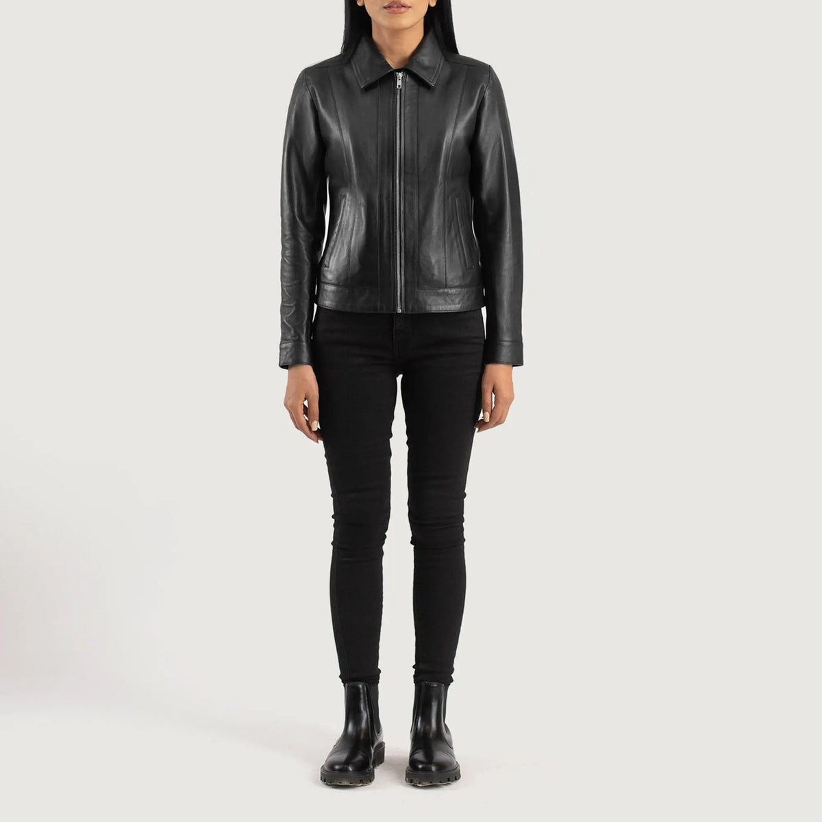Vixen black classic collar leather jacket front view