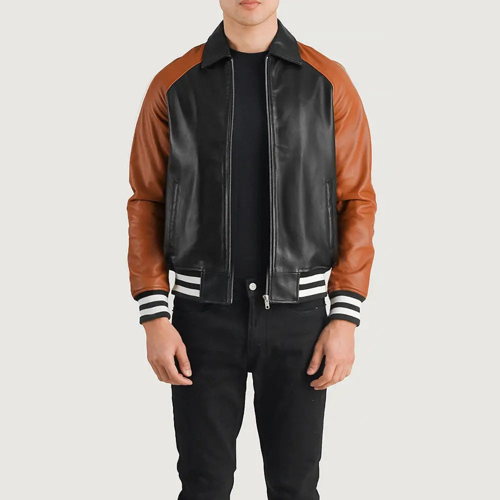 Walton black brown varsity leather jacket front view style