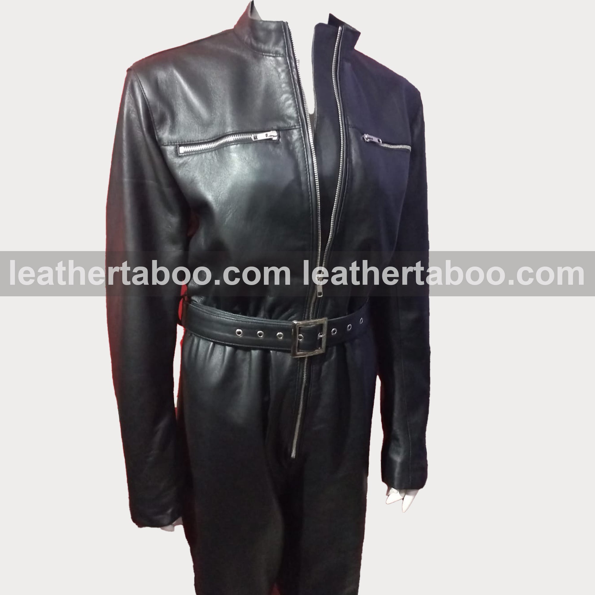 Women Genuine Leather Catsuit Black Leeder Overall Jumpsuit Sexy Bust - Leather taboo