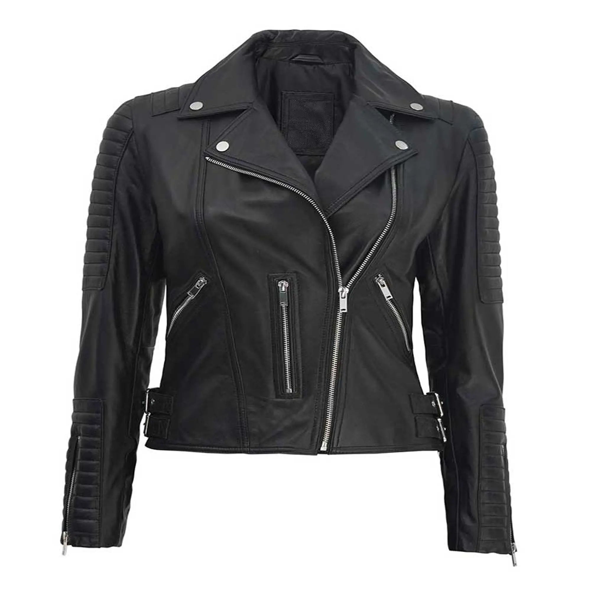 Women black leather jacket front slim fit fashion look