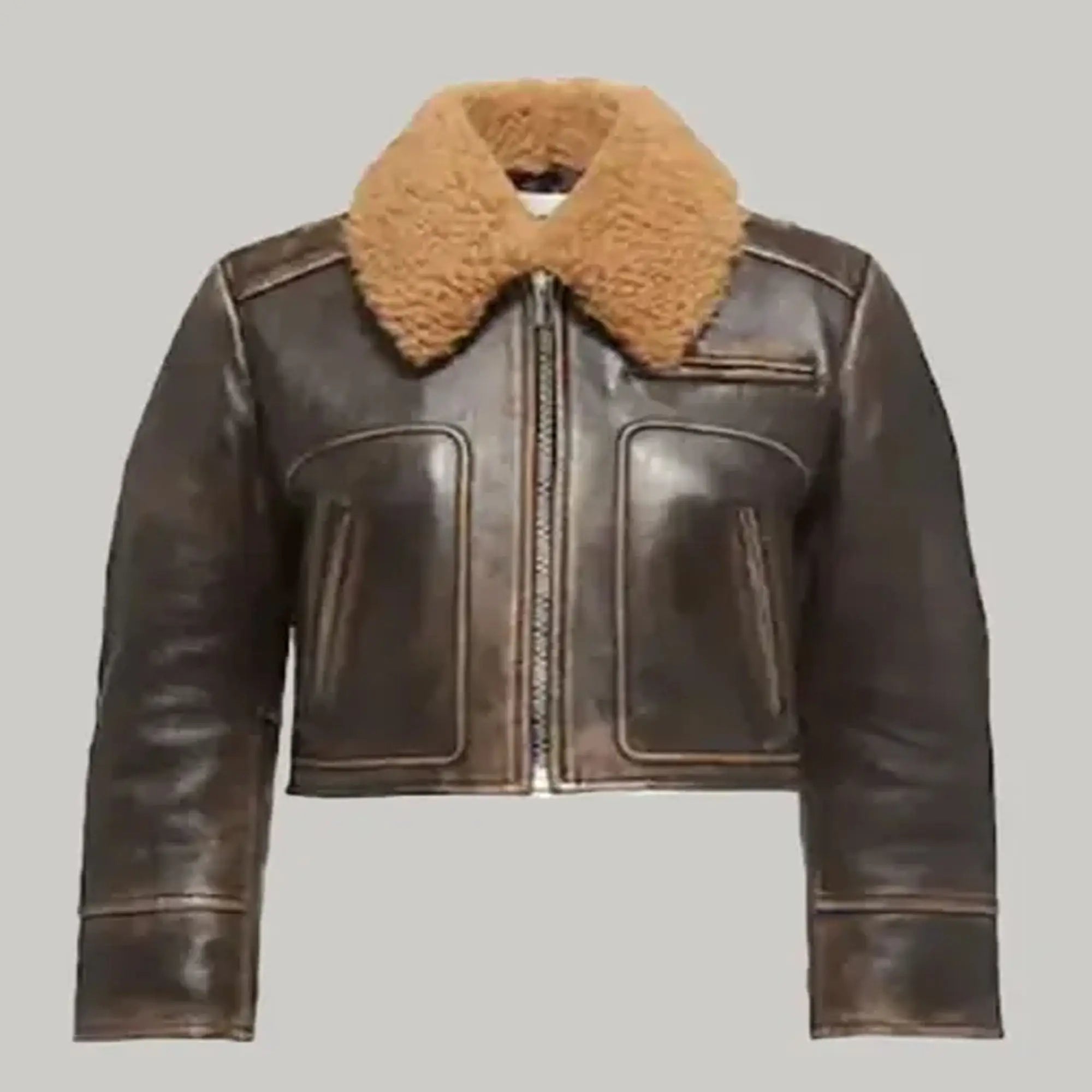 Women brown aviator leather jacket front stylish winter look